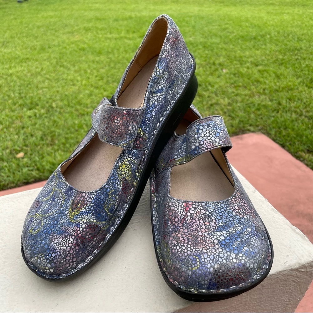 Algeria By PG Lite leather Mary Janes velcro tab, silver multi colored. …